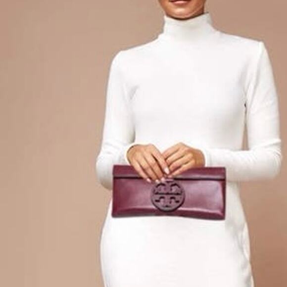 Tory Burch Burgundy Port Wine Logo Front Leather Miller Fold-over Clutch - Picture 1 of 13
